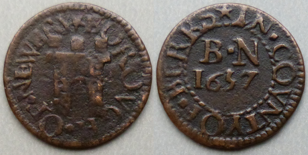 Newbury, Borough issue 1657 farthing three turrets N--- Newbury, Borough issue 1657 farthing three turrets N---